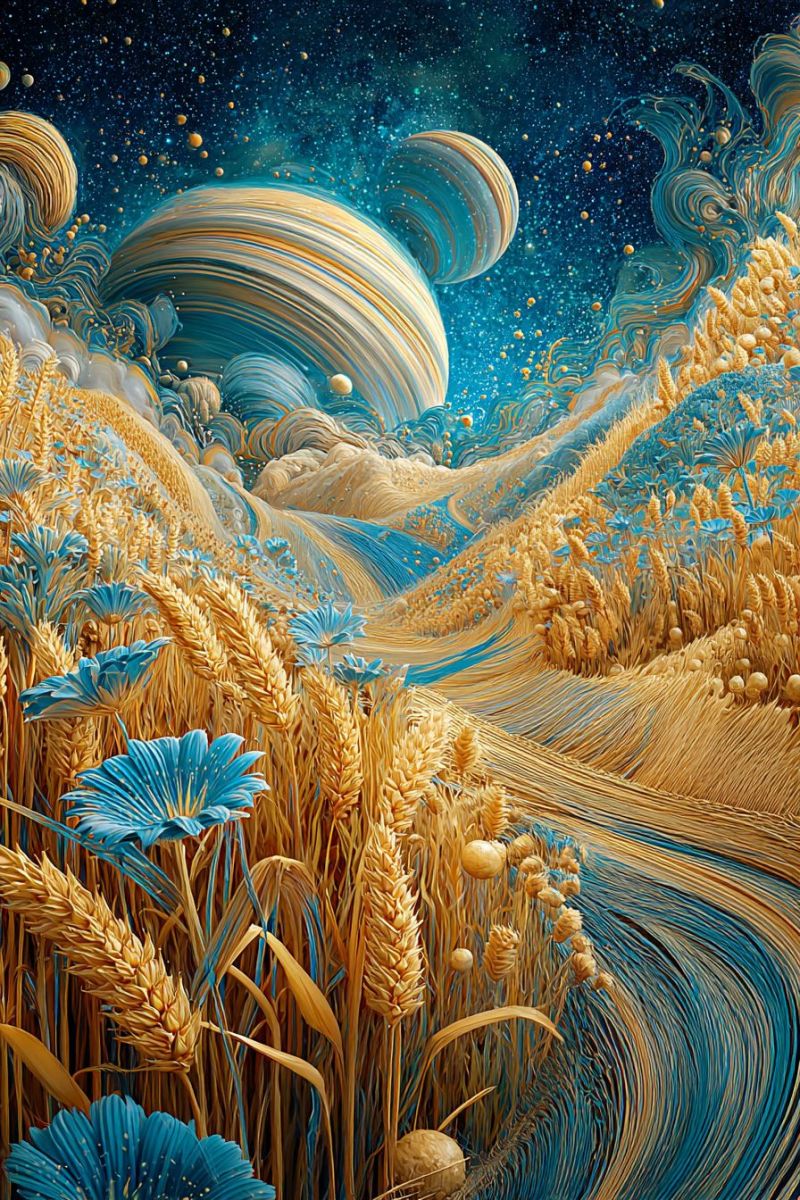 Bleu concept design fleur grain herbe nature planete espace Paysage vibrant mêlant éléments de la nature et de l'espace. Au premier plan, il y a un champ de blé doré et de fleurs bleues, avec les tiges de blé ondulant doucement. Le blé est entrecoupé de petits fruits dorés ronds. L'arrière-plan se transforme en un ciel surréaliste rempli de motifs bleus et dorés tourbillonnants, ressemblant à des vagues ou des nuages. Au-dessus du champ de blé, il y a deux grandes planètes dorées avec des anneaux, flottant sur un fond de bleu profond et d'étoiles blanches. Le ciel est parsemé de petits orbes lumineux, ajoutant au thème céleste. L'effet global est onirique et d'un autre monde, avec un mélange harmonieux d'éléments terrestres et cosmiques.