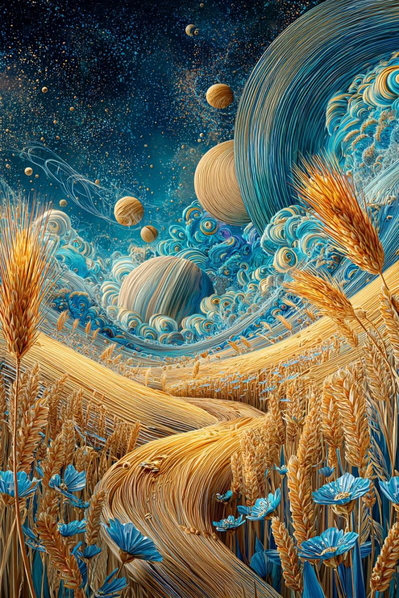 Painting space planets universe astronomy celestial cosmos outer starry night sky galaxy nebula star meteor comet A vibrant, surreal landscape features a winding road made of golden wheat stalks leading through a field of tall, golden wheat. The wheat is interspersed with clusters of blue flowers. Above the wheat, a sky filled with swirling blue and gold patterns transitions into a celestial scene with planets and moons floating in space. The planets are depicted in various shades of gold and brown, with intricate, swirling patterns around them. The background is a deep blue, dotted with tiny stars and golden orbs.