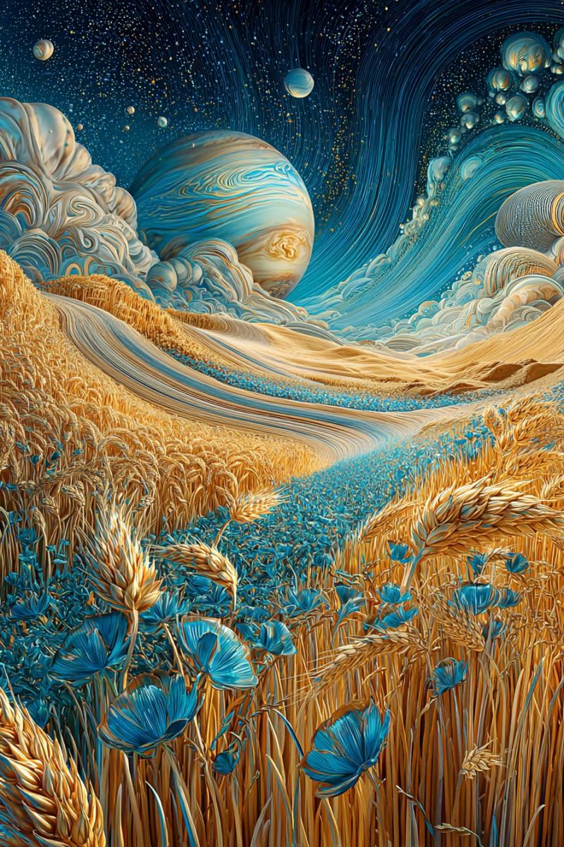 Blue clouds colorful concept design flowers flower grain grass nature painting planet sky space A vibrant painting features a golden wheat field with blue flowers scattered throughout. The wheat is tall and golden, with some stalks bending slightly. The flowers are small, with delicate petals, and they add a splash of color to the field. In the background, there is a large, swirling blue and white cloud formation, with hints of gold and silver. The sky is a deep blue, with stars and planets scattered throughout. The overall effect is surreal and dreamlike, with a sense of movement and energy.