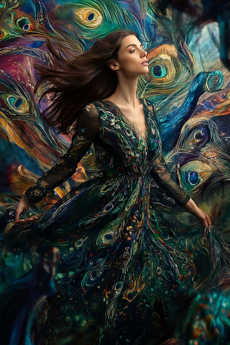 Woman dress feathers peacock painting fashion beauty elegant colorful creative design A woman with long, wavy dark hair stands in front of a vibrant, abstract background featuring peacock feathers in various colors. She wears a long, flowing dress with a deep V-neckline, adorned with intricate patterns that mimic the colors and textures of peacock feathers. The dress has long, sheer sleeves and appears to be made of a lightweight, flowing fabric. The woman's face is turned slightly to the right, and she has a serene expression. The background is a mix of blues, greens, yellows, and reds, with peacock feathers scattered throughout, creating a dynamic and colorful scene.