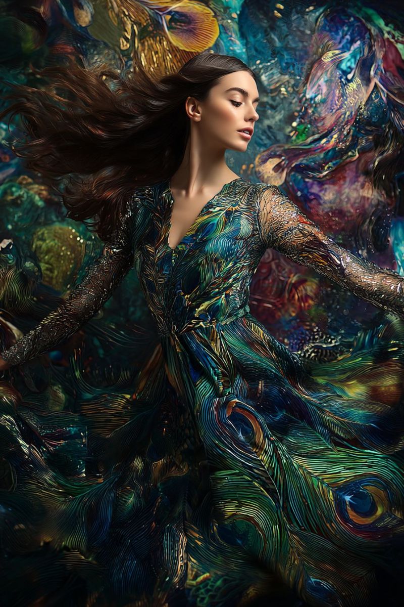 Woman dress feathers peacock painting fashion colorful elegant beauty hair wind eyes lips jewelry necklace earrings A woman with long, wavy dark hair is standing in a dynamic pose, her hair flowing behind her. She is wearing a long, flowing dress with a deep V-neckline, adorned with intricate peacock feather patterns in shades of green, blue, and gold. The dress has long, sheer sleeves that flare out at the wrists. Her face is turned slightly to the side, with her eyes closed and her lips slightly parted, giving an impression of elegance and grace. The background is a vibrant, abstract painting with swirling colors and patterns, adding to the ethereal and artistic atmosphere of the image.