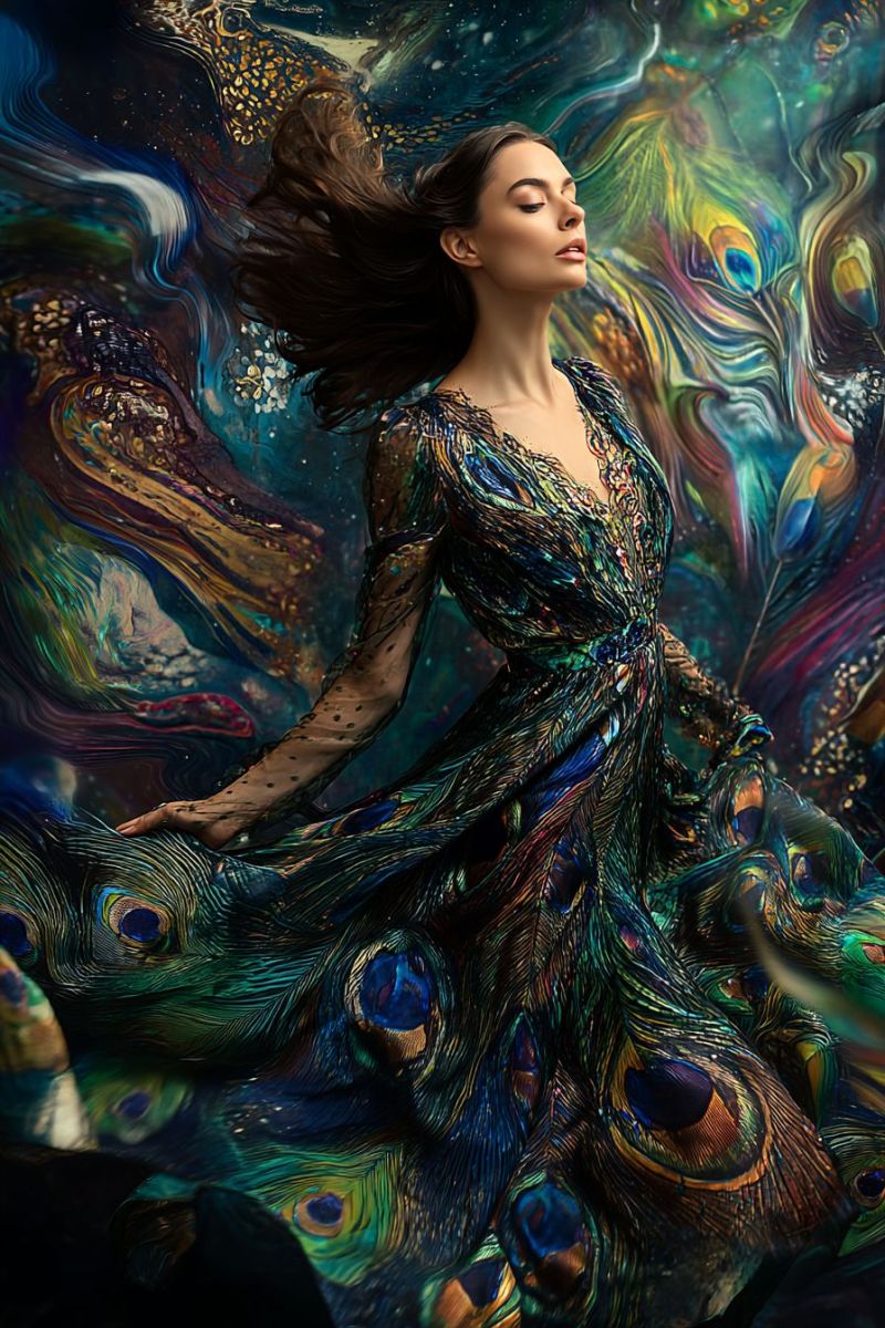 Dress fashion woman beauty painting design colorful elegant creative peacock feathers A woman stands gracefully with her eyes closed, her long dark hair flowing freely. She wears a stunning dress adorned with peacock feathers in vibrant colors of green, blue, and gold. The dress has a deep V-neckline and long sleeves, adding an elegant touch. The background is a mesmerizing blend of swirling colors, including blues, greens, and golds, creating a dreamy and ethereal atmosphere. The overall image conveys a sense of beauty, grace, and fantasy.