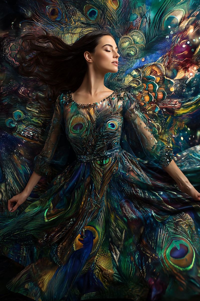 Woman dress feathers peacock fashion beauty elegant gorgeous jewelry A woman with long, flowing hair is lying down, her eyes closed, and her face serene. She wears a long, flowing dress adorned with peacock feather patterns in shades of blue, green, and gold. The dress has a sheer, transparent fabric with intricate beading and sequins. The background is a vibrant, abstract peacock feather pattern in various colors, including blue, green, yellow, and purple. The image has a dreamy, ethereal quality, with the woman's hair and dress blending seamlessly into the background.