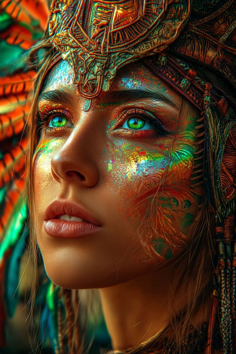 Visage design idees techniques outils tutoriels inspiration creativite expressions animaux evenements Une femme aux yeux verts saisissants et au visage orné d'un maquillage corporel multicolore et vibrant. Son visage est peint avec des motifs complexes qui incluent des teintes rouges, orange, vertes et bleues, créant un effet fascinant et artistique. Elle porte un couvre-chef richement décoré de plumes et d'éléments métalliques, ajoutant à l'apparence royale et mystique. Ses cheveux sont coiffés de manière à compléter le couvre-chef, avec des tresses et des plumes visibles. L'arrière-plan est légèrement flou, concentrant l'attention sur son visage et l'art corporel détaillé.