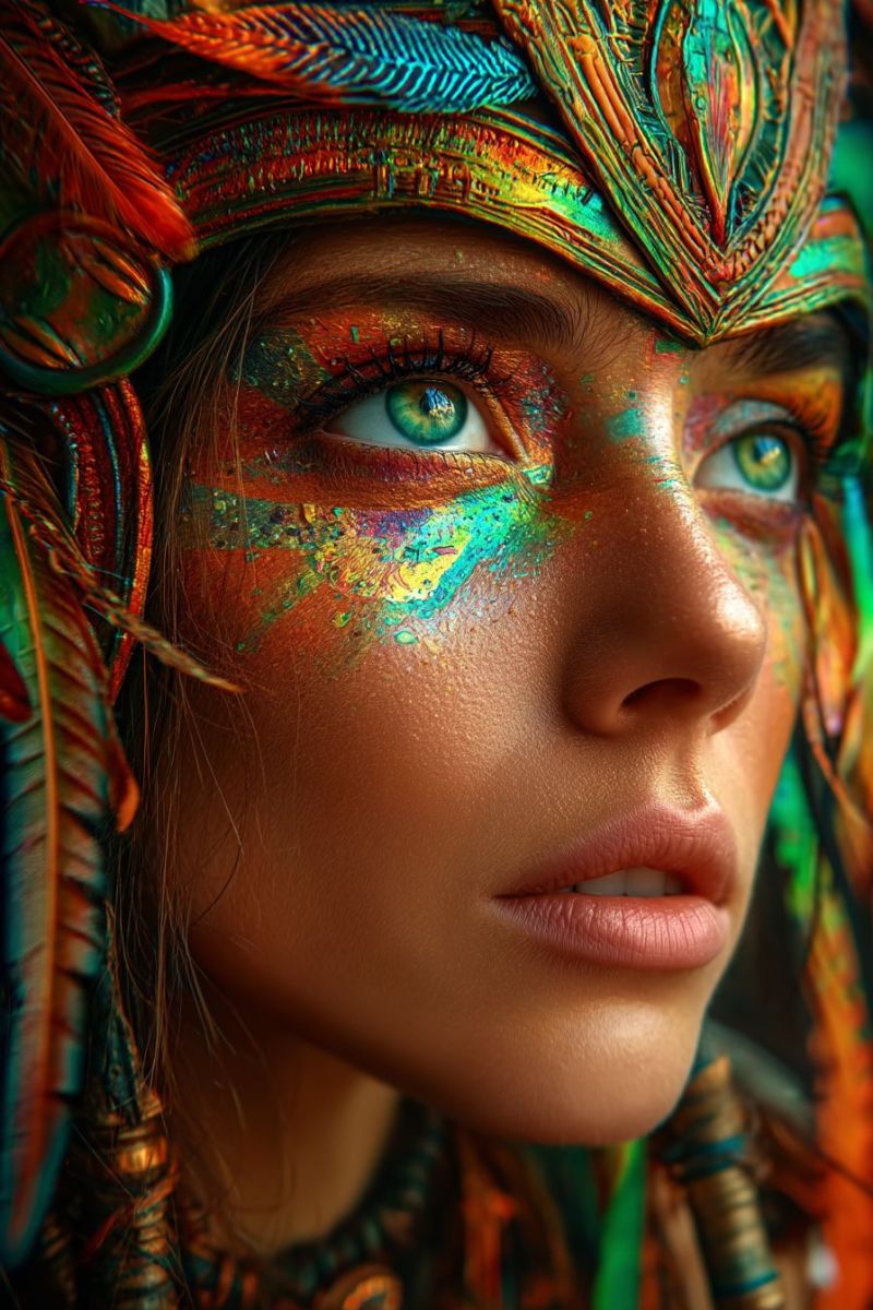 Woman beauty colorful eye feathers female hair head headband headdress makeup paint pattern skin tribal A close-up portrait of a woman with vibrant, colorful face paint. Her face is adorned with intricate designs in shades of red, yellow, green, and blue, covering her cheeks, forehead, and around her eyes. She wears a headdress with feathers and decorative elements that match the colors of her face paint. Her eyes are green, and her lips are pink. The background is blurred, focusing attention on her face and the detailed artwork.