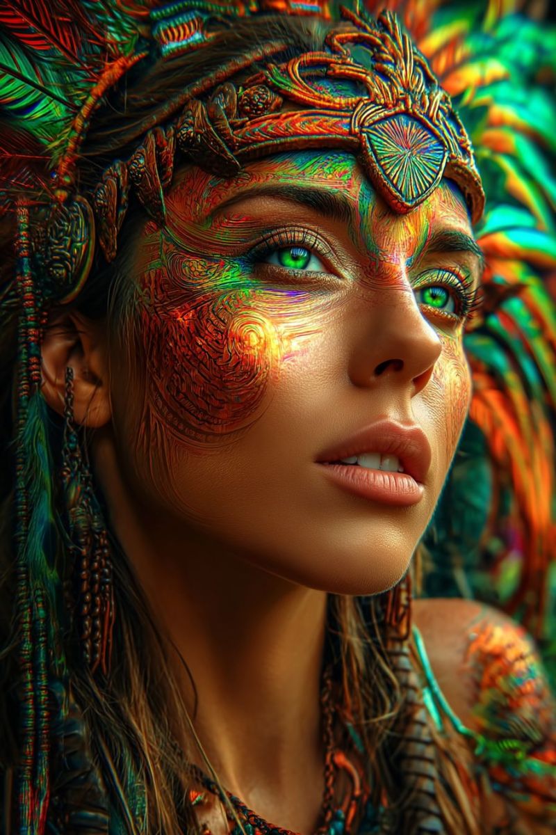 Woman colorful makeup tribal feathers headdress lips earrings necklace hair pattern design fashion eye green eyes A woman with long, wavy hair is adorned with intricate face paint and a vibrant headdress. Her face is painted in a mix of red, green, and yellow hues, creating a striking and colorful pattern. Her eyes are green and almond-shaped, with long, dark eyelashes. She wears a headdress with feathers and intricate designs, adding to her regal appearance. The background is a mix of green and orange colors, with a blurred effect, enhancing the focus on the woman.