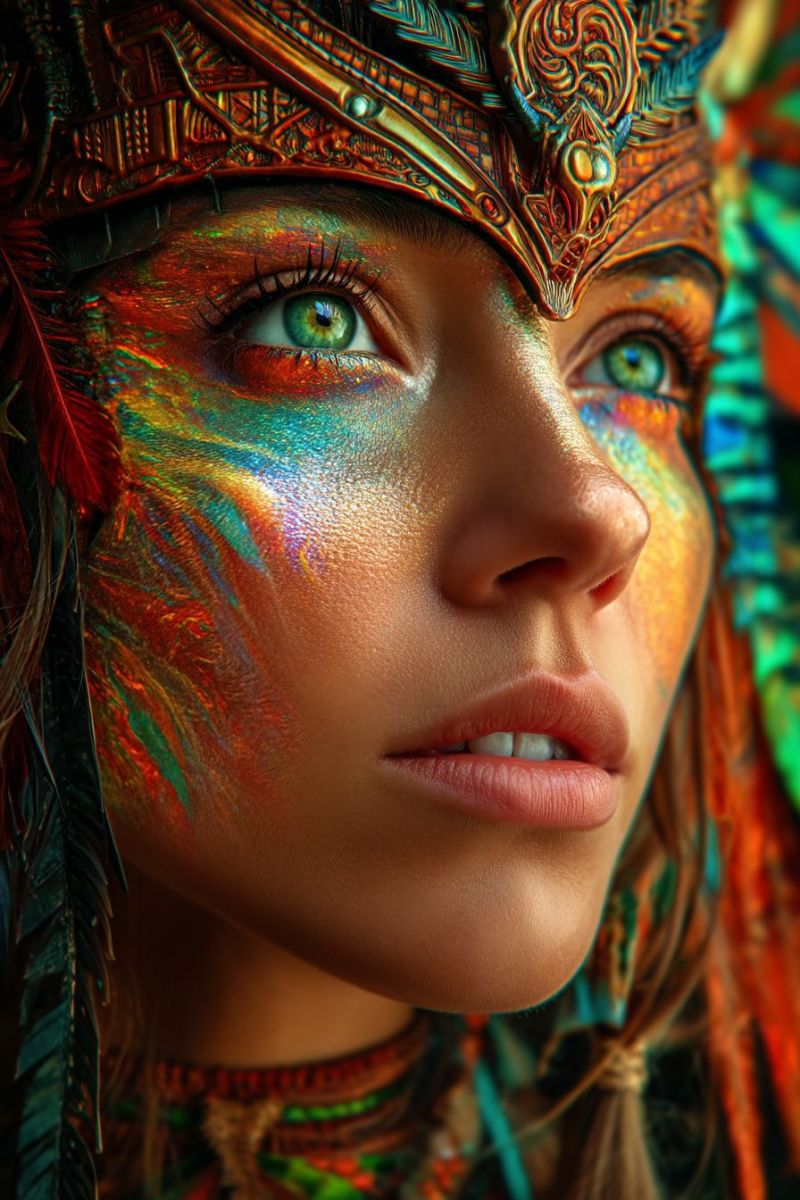 Woman makeup paint painting artist design ideas techniques tutorial tools patterns A close-up portrait of a woman with vibrant, colorful face paint. Her face is adorned with intricate designs in shades of red, green, blue, and yellow, creating a mesmerizing and artistic effect. She wears a striking headdress with feathers and ornate decorations, adding to the exotic and mystical appearance. Her eyes are green and expressive, and her lips are painted in a soft pink hue. The background is blurred, focusing attention on her face and the detailed artwork.