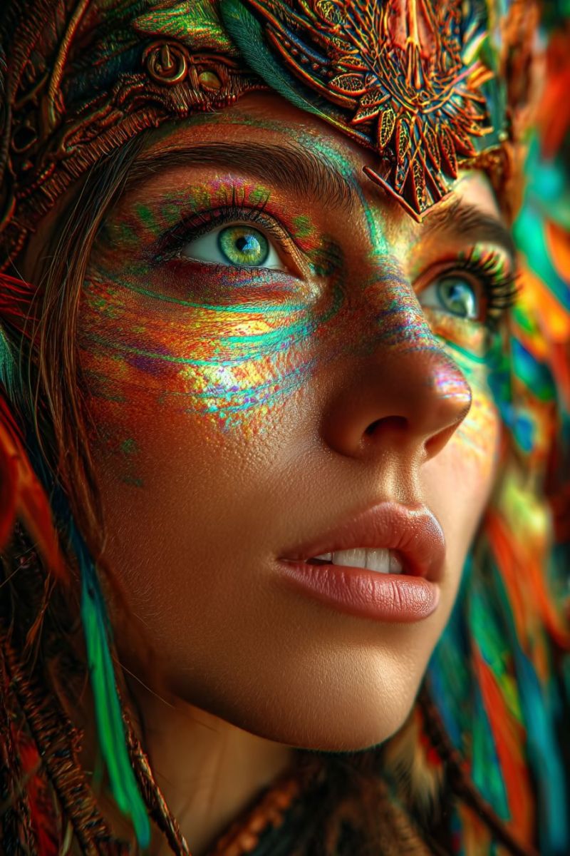 Woman beauty colorful makeup eyes feathers hair headband jewelry lips nose painting skin paint A close-up portrait of a woman with vibrant, multicolored face paint. Her face is adorned with intricate designs in shades of green, orange, yellow, and purple, creating a mesmerizing and artistic effect. Her eyes are highlighted with green and blue hues, and her lips are painted in a soft pink. She wears a headdress with feathers and a large, ornate design on top, adding to the mystical and exotic appearance. The background is blurred, focusing attention on her face and the detailed makeup.