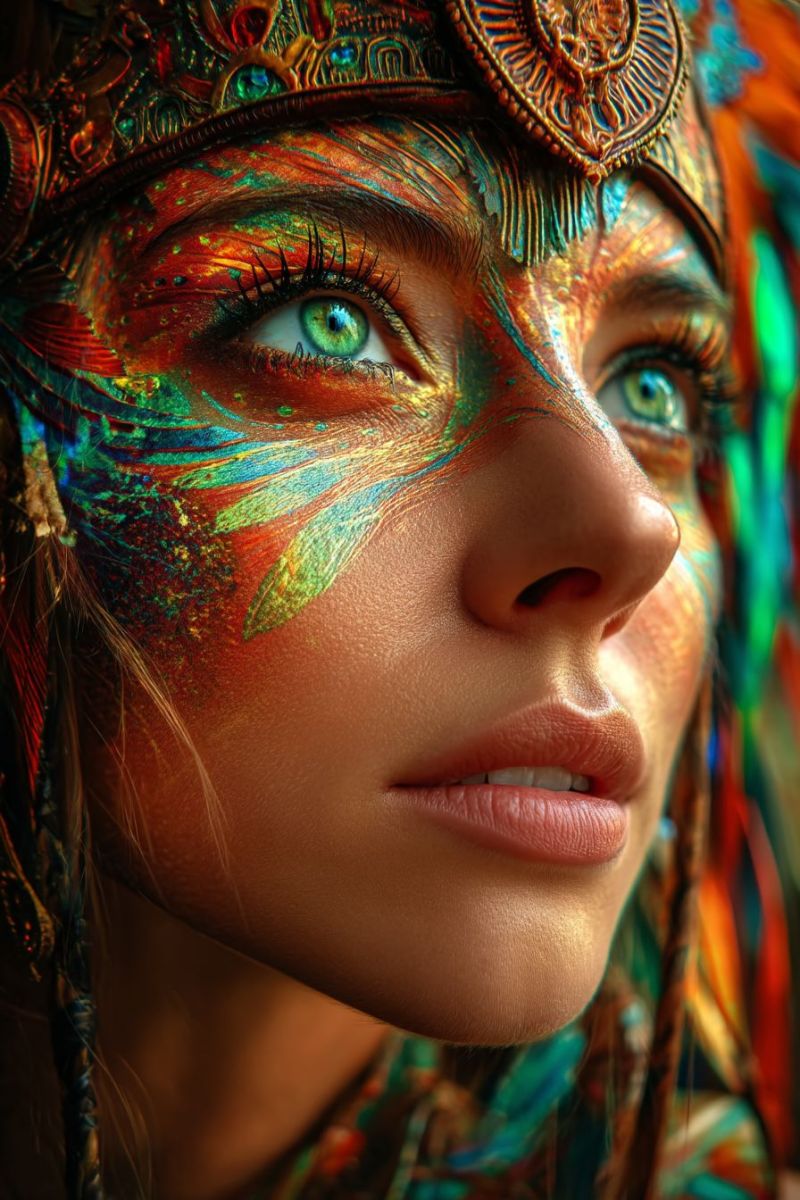 Woman beauty makeup fashion colorful eye eyelash eyebrow lip lipstick hair feather crown jewelry accessory jewel A close-up portrait of a woman with her face painted in vibrant, iridescent colors. Her face is adorned with a mix of red, green, blue, and gold hues, creating a mesmerizing, almost magical effect. Her eyes are strikingly green, contrasting beautifully with the colorful paint. She wears a headdress that is intricately designed with feathers and metallic elements, adding to the mystical appearance. The woman's lips are slightly parted, and her expression is serene and captivating.