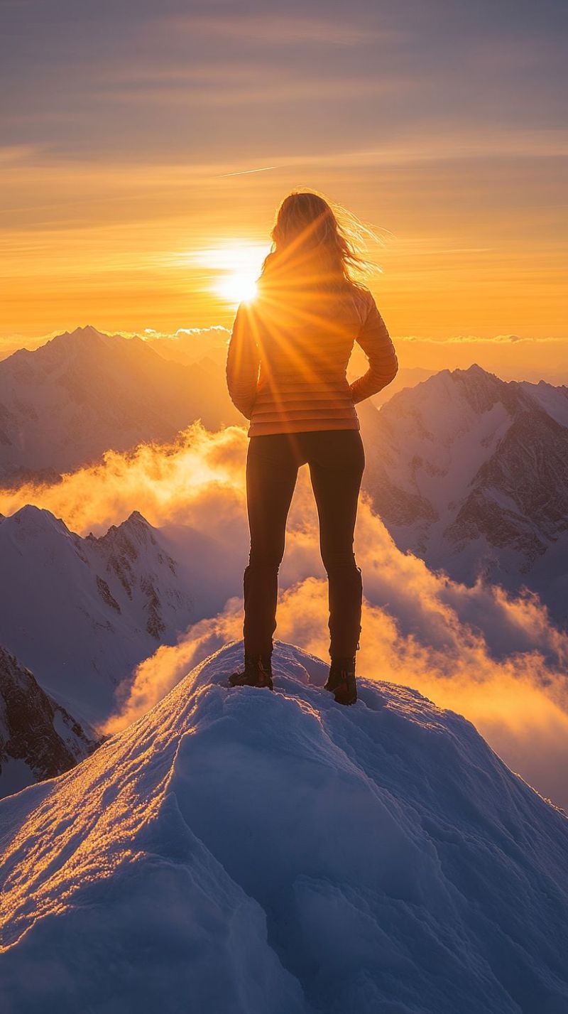 Mountain sunset sky cloud sun woman back peak snow adventure travel nature outdoors hiking climbing exploration freedom A woman stands on a snowy mountain peak, her back to the camera, facing the setting sun. The sun's rays illuminate her silhouette, casting a warm glow on her figure and the surrounding snow. Below her, the mountain slopes are blanketed in snow, with clouds partially obscuring the distant peaks. The sky above is a mix of orange and pink hues, indicating the time of sunset. The woman wears a jacket and pants suitable for cold weather, and her hair is blowing in the wind.