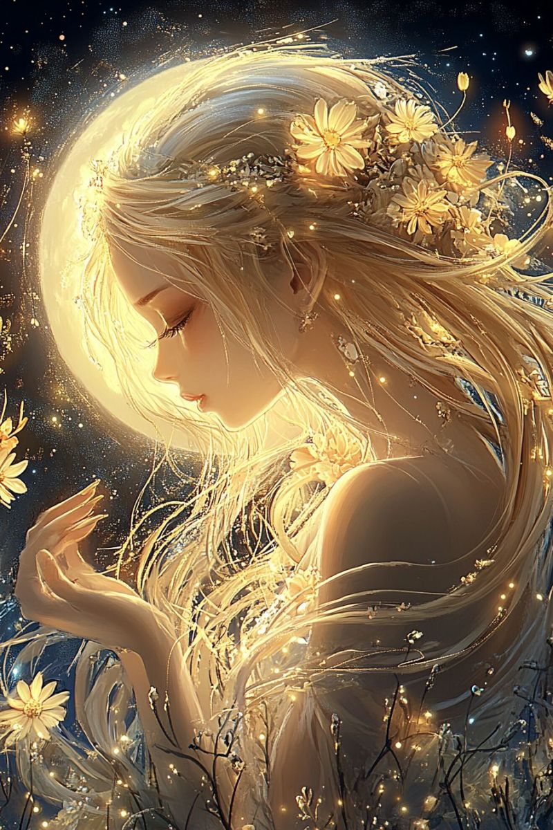 Woman hair flowers night moon fantasy dream beauty glow stars magic fairy ethereal serene and ethereal scene featuring a woman with long, flowing golden hair adorned with delicate flowers and tiny lights. She gazes downward with closed eyes, exuding a sense of tranquility and introspection. Her hair cascades down her back and shoulders, illuminated by soft, golden lights that seem to emanate from within. The background is a deep, starry night sky, with a large, glowing moon in the upper left corner, adding to the mystical ambiance. The overall effect is one of quiet beauty and otherworldly charm.