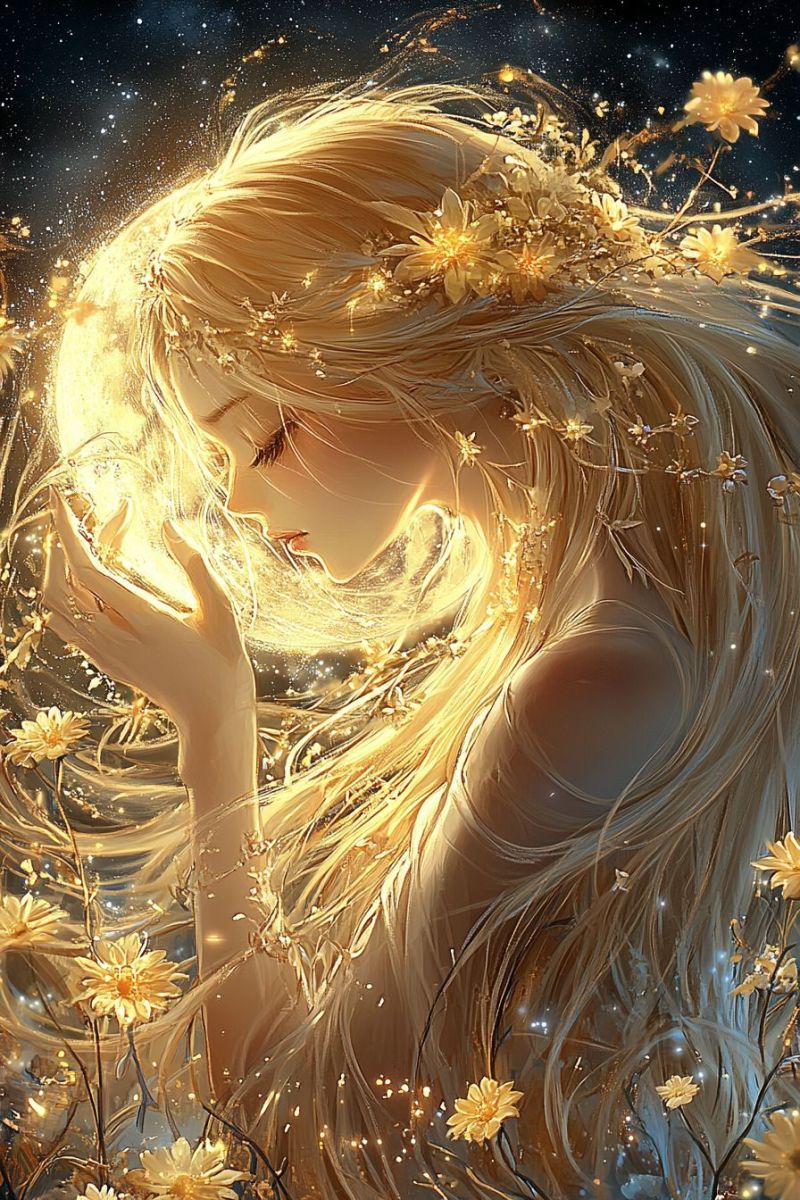Woman hair flowers night sky stars dream fantasy magic glow beauty anime A woman with long, flowing golden hair is depicted in a mystical setting. Her hair is adorned with golden flowers and small lights, giving it a shimmering, ethereal quality. She is holding a glowing orb in her hands, which emits a soft, warm light. The background is dark, with stars and a faint, glowing moon. The woman's face is serene, with her eyes closed, and she appears to be in a state of deep contemplation or meditation. The overall atmosphere is magical and otherworldly.