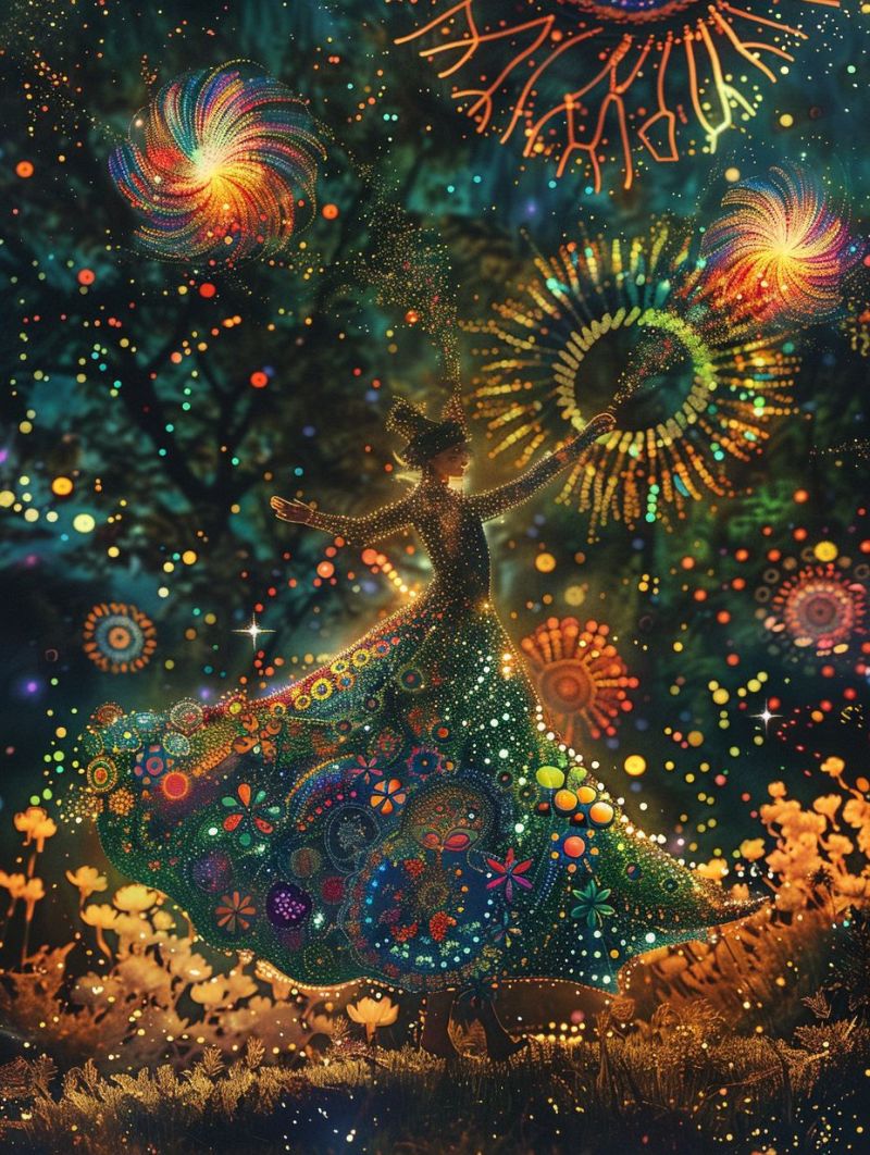 Fantasy woman dancing flowing costume circular patterns vivid space stars planet dreamlike otherworldly celestial The image appears to be a vibrant and colorful digital artwork that captures the essence of a dreamy or fantastical scene. There is an animated character, which seems to be a young woman, dressed in a long dress with multicolored patterns and designs, including what looks like floating bubbles. Her arms are outstretched as if she's dancing or performing, suggesting movement and joy. Surrounding the woman is a rich array of celestial bodies and elements that contribute to an otherworldly or magical atmosphere. There are bright stars and sparkling fireworks in various colors against a dark sky background. The composition is further enhanced by the presence of a tree at the bottom left corner, under which you can see what appears to be mushrooms and leaves on the ground. The overall feel of the image is whimsical and imaginative, with an emphasis on symmetry and balance in the arrangement of the elements. The use of color is particularly striking, with a palette that ranges from deep blues, purples, and greens to warm oranges, yellows, and reds. This creates a visually pleasing contrast and adds depth to the scene. The image does not contain any visible text, and its fantasy elements make it difficult to discern specific real-world objects or identifiable brands without seeing the actual artwork. The style of the image suggests it is designed to evoke a sense of wonder and to inspire feelings of joy and freedom through its fantastical depiction of nature and the human spirit.