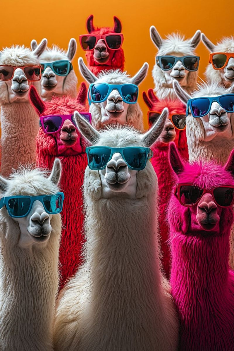 Llama alpaca party attire sunglasse group fashionable colorful accessorie animal clothing celebratory gathering group of alpacas wearing sunglasses with blue lenses and pink rims. They are standing in a line, looking forward with neutral expressions. Each alpaca has a unique fur color, ranging from light cream to dark brown and red. They are all facing the same direction, which appears to be towards an unseen audience or camera. The background is plain and does not provide any contextual information about the location of this scene. The lighting is bright and evenly distributed, highlighting the textures of the alpacas' fur and the vibrant colors of the sunglasses.