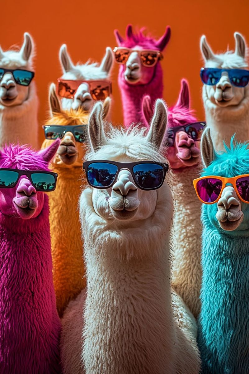 Alpaca llama uniformity sunglasses colorful summer attire fashionable herd group of llamas posing in front of a bright yellow background. They are dressed in colorful sunglasses and summer clothing, including shirts with tie-dye patterns, tank tops, and short pants, all in vibrant colors such as pink, purple, blue, orange, and green. Each llama is wearing sunglasses that match its outfit, adding a playful and fun theme to the scene. The llamas are looking directly at the camera with various expressions on their faces, suggesting they might be posing for a photo. There is no text present in the image.