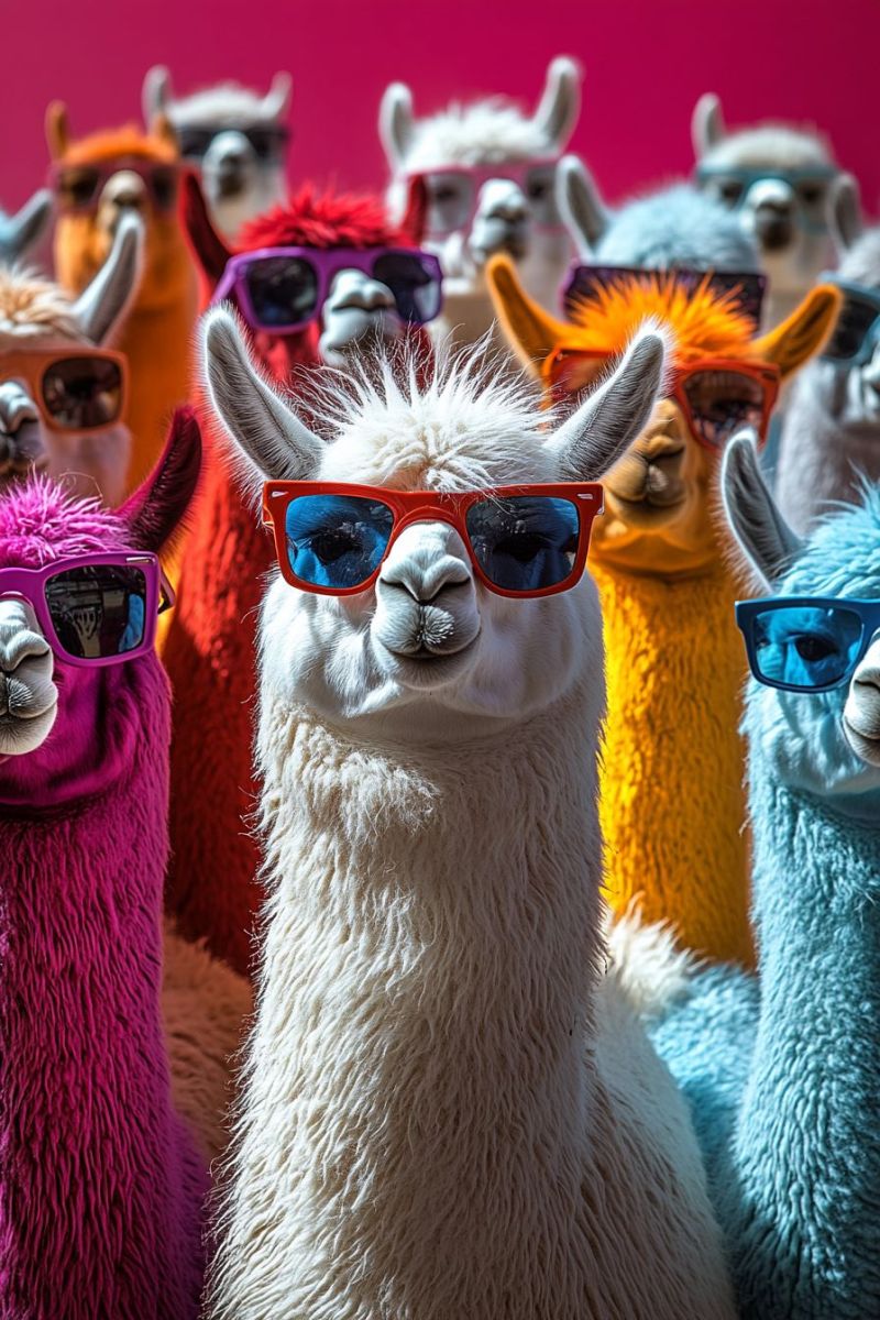 Llama alpaca sunglasses colorful group fashionable accessories coordination textiles group of colorful alpacas wearing sunglasses. The alpacas are standing in rows against a red background, and each one has a pair of sunglasses with different colored lenses. Their fur appears to be multi-colored, including shades of pink, yellow, blue, green, purple, and white, which gives the impression that they are wearing various colored outfits. The alpacas have distinct features such as long necks, large eyes, and small ears, all characteristic of their species.