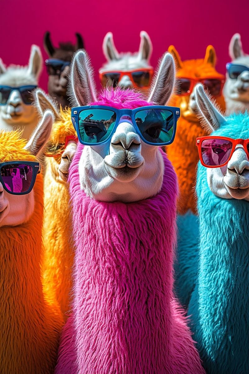 Multicolored llama sunglasse herd colorful fashion accessory animal wear pet accessorie bright clothing creative unique styling Multicolored llama sunglasse herd colorful fashion accessory animal wear pet accessorie bright clothing creative unique styling