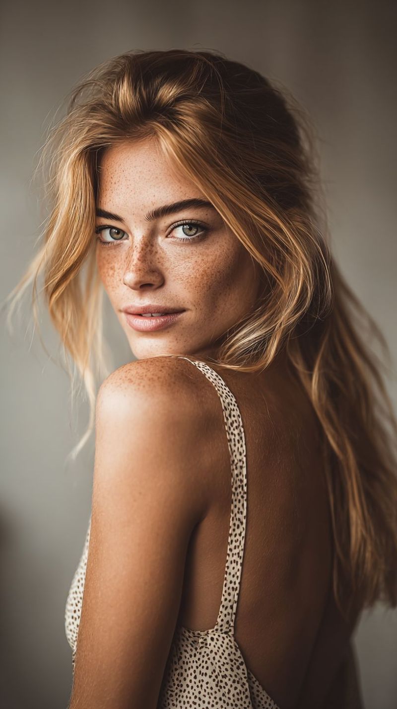 Femme beaute maquillage peau yeux sourire coiffure robe tenue lingerie Une femme aux longs cheveux blonds ondulés pose pour un portrait. Elle a une légère trace de taches de rousseur sur son visage et ses épaules. Elle porte un débardeur blanc avec un motif de petits points noirs. Ses cheveux sont coiffés en ondes lâches, et elle a un doux sourire sur le visage. Le fond est un mur uni de couleur claire.