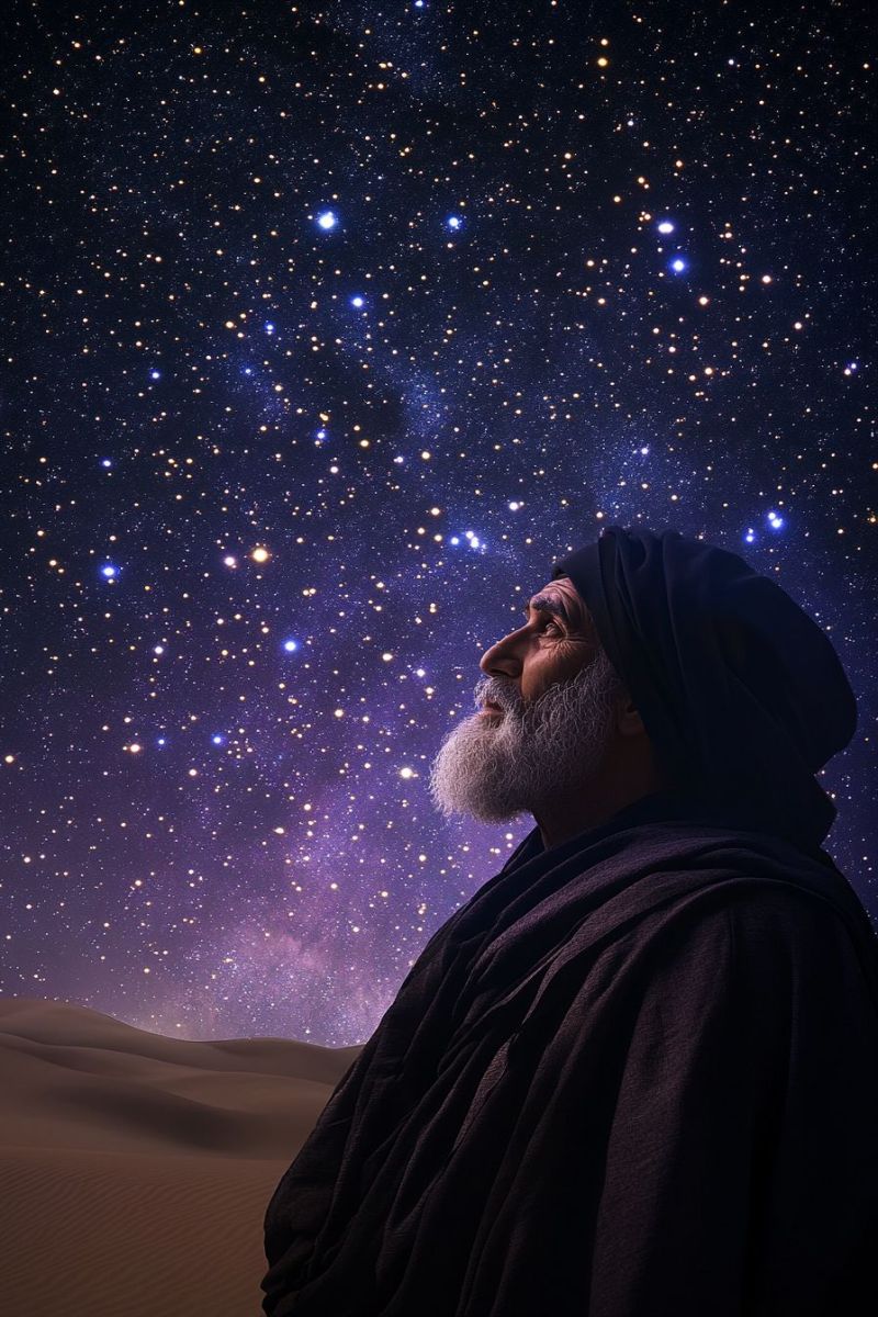 Astronomy night sky constellation star gazing contemplative mystical traveler desert nomad stargazing solo spirituality meditation solitude cosmic man standing against the backdrop of a starry night sky. He appears to be contemplating or gazing at something beyond the viewer. His attire suggests a traditional or cultural style, and he has a beard. The lighting in the photo is soft and natural, contributing to a serene and mystical atmosphere. There are no texts present on the image that provide additional context or information.