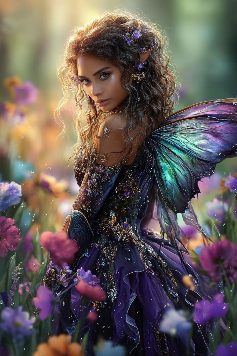 Fairy woman fantasy dress flowers wings jewelry hair A woman with curly hair stands in a field of vibrant flowers, her gaze directed to the left. She wears a purple dress adorned with sparkling embellishments and intricate designs. Her wings, a mix of purple and green hues, are spread out behind her. The background is a lush, green forest with sunlight filtering through, creating a magical atmosphere.