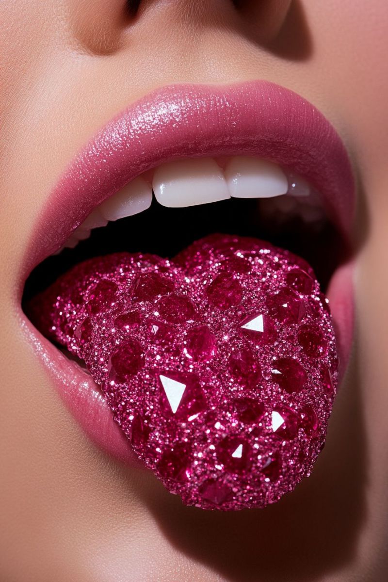 Lipstick candy lip oral beauty pink ugar coated glossy tongue out glamour make fashion elf care weetne allure close-up of a person's mouth with a large piece of pink, glittery cake placed inside it. The cake appears to be made with red and white sprinkles. The person has their lips slightly open, showing the cake, which fills the entire cavity of their mouth. The individual is wearing makeup, including lipstick, and the overall style of the image is vibrant and whimsical.