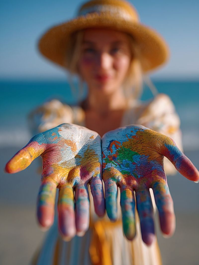 Femme plage mains carte creativite air expression liberte voyage geographie education apprentissage inspiration vie Une femme se tient sur une plage, les mains étendues et peintes avec une carte colorée du monde. Elle porte un chapeau à larges bords et une robe blanche à motifs. Ses cheveux sont attachés et elle regarde directement la caméra avec un léger sourire. L'arrière-plan montre un ciel bleu clair et l'océan, avec de douces vagues au loin.