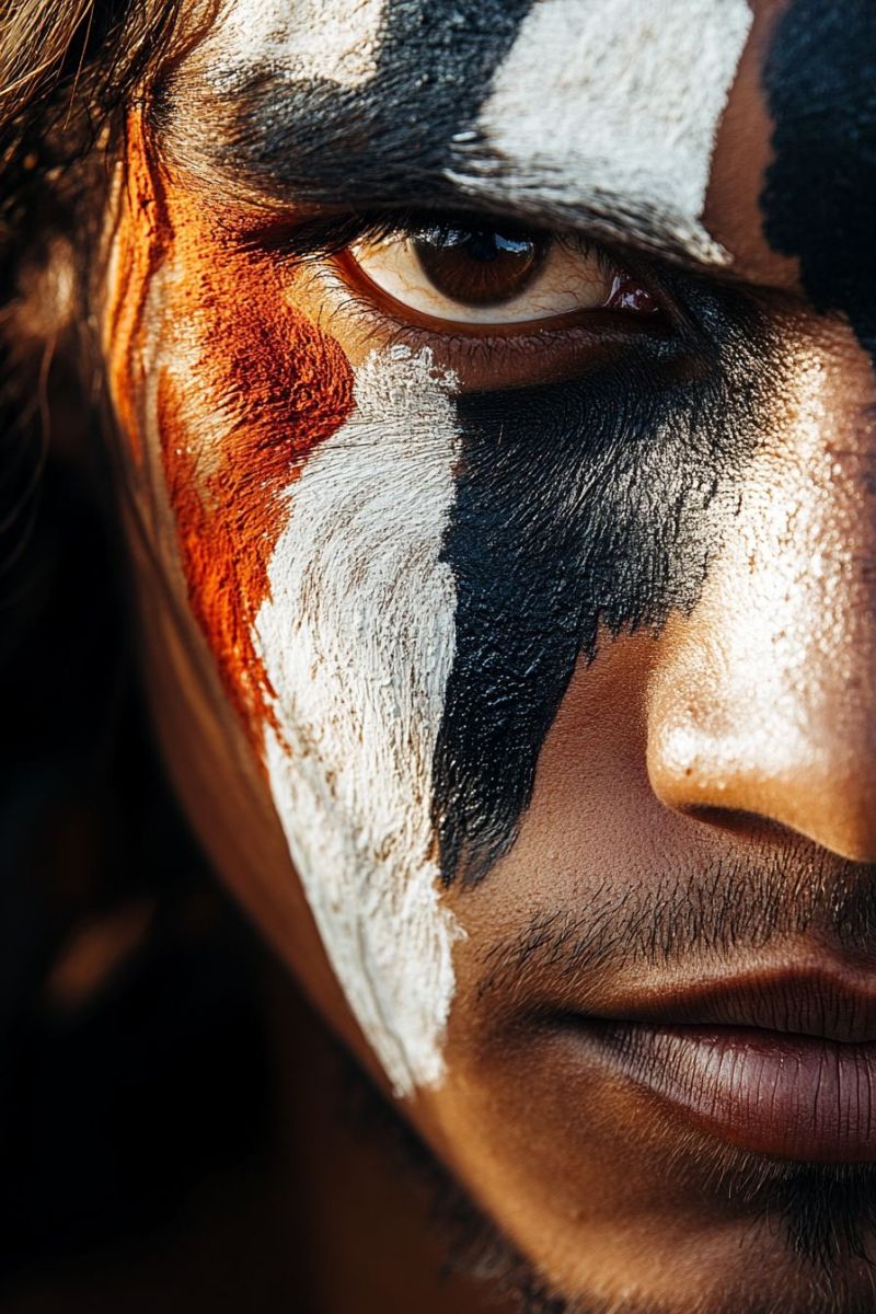 Painting camouflage makeup tribal warrior imagery eyes looking ahead colorful close-up of a person with a striking face paint. The face paint appears to be in black and white, contrasting with the red and white stripes that cover most of the individual's face. The eyes are visible and the expression is neutral. The person has dark hair and is looking directly at the camera. There are no visible texts or distinguishing marks that provide additional context about the person or their identity. The style of the image, with its focus on facial features and the intensity of the makeup, suggests it could be related to a particular subculture or event where such face paint might be significant.