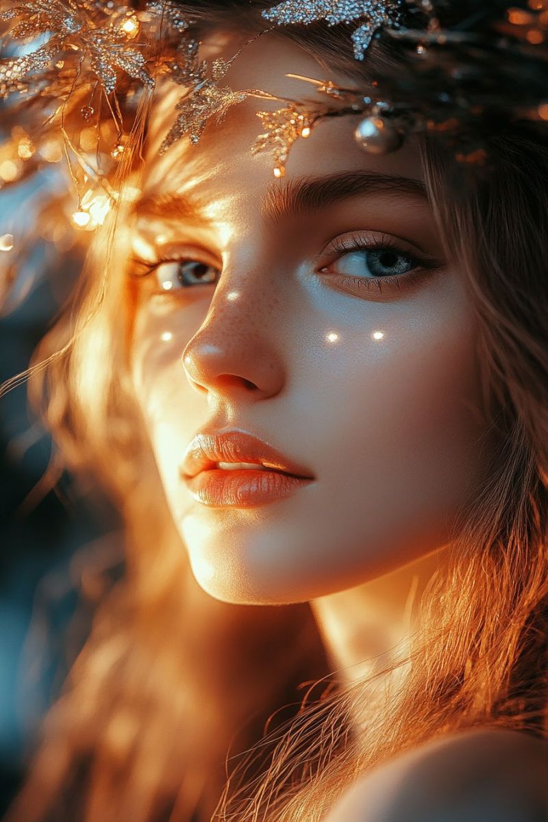 Fashion bokeh woman flower crown soft focus lighting beauty flare evening wear glow hair wearing makeup couture glam accurate picture amazing demonstrating the mischiefs wild of human activities on la asian woman long hair against blue white