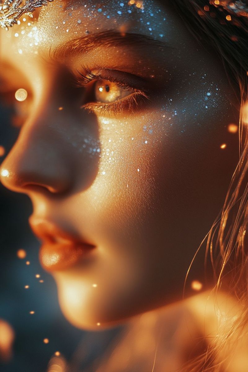 Woman glow lighting stylish elegant cosmetic eye contact glitter texture makeup gender neutral fine accurate picture amazing demonstrating the mischiefs wild of human activities on la n ship passing through spatial