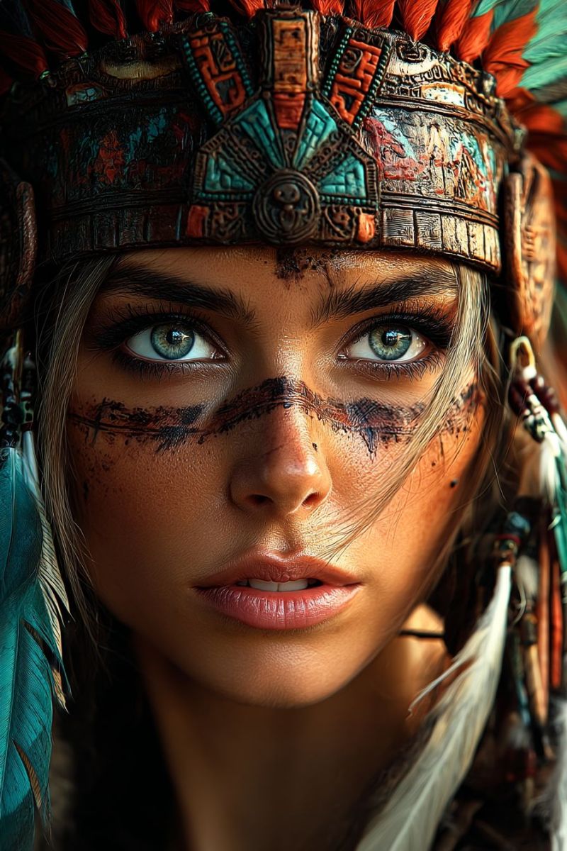 Woman makeup eye eyebrow eyeliner eyeshadow lipstick hair feathers feathered headdress headband headpiece headgear tribal lip gloss A close-up portrait of a woman with striking features, her face adorned with intricate tribal makeup. She wears a headdress with vibrant feathers and a detailed band adorned with various colors and patterns. Her eyes are almond-shaped, and she has a serious expression. The makeup on her face includes bold lines and designs, adding to the tribal aesthetic. Her lips are painted in a natural shade, and her hair is styled with feathers and beads. The background is blurred, focusing attention on her face and headdress.
