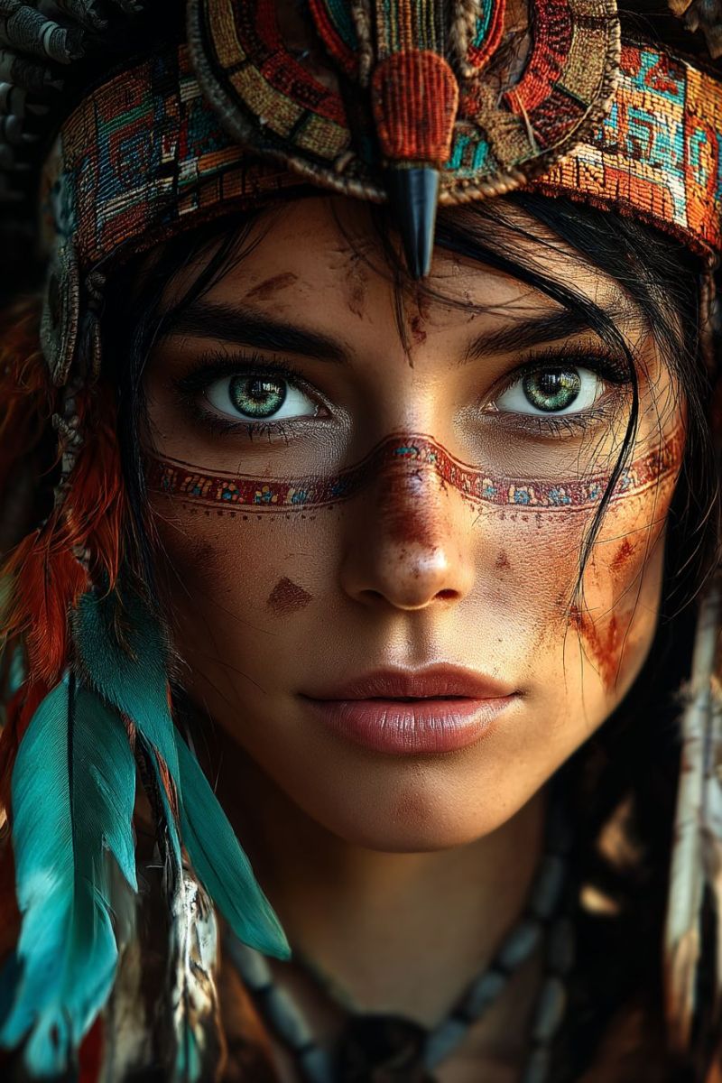 Woman head hair feathers headdress makeup warpaint tribal indigenous culture tradition ethnic native design pattern symbolism ritual A close-up portrait of a woman with striking green eyes, her face adorned with intricate tribal makeup. She wears a headdress with feathers and beads, and her skin is painted with earthy browns and reds. Her lips are slightly parted, and she has a serene expression. The background is blurred, focusing attention on her face and headdress.