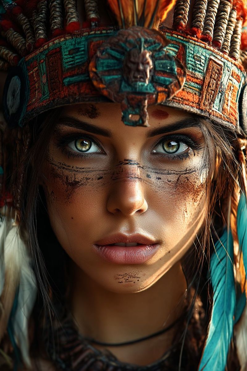 Woman headdress feathers makeup tribal indigenous culture beauty ethnic traditional ritual ceremony warpaint symbolism identity heritage expression A woman with brown hair is wearing a headdress with feathers and a face paint design. She has brown face paint on her face, including her cheeks, forehead, and chin. She has green eyes and is wearing a necklace. She is looking straight ahead with a serious expression.