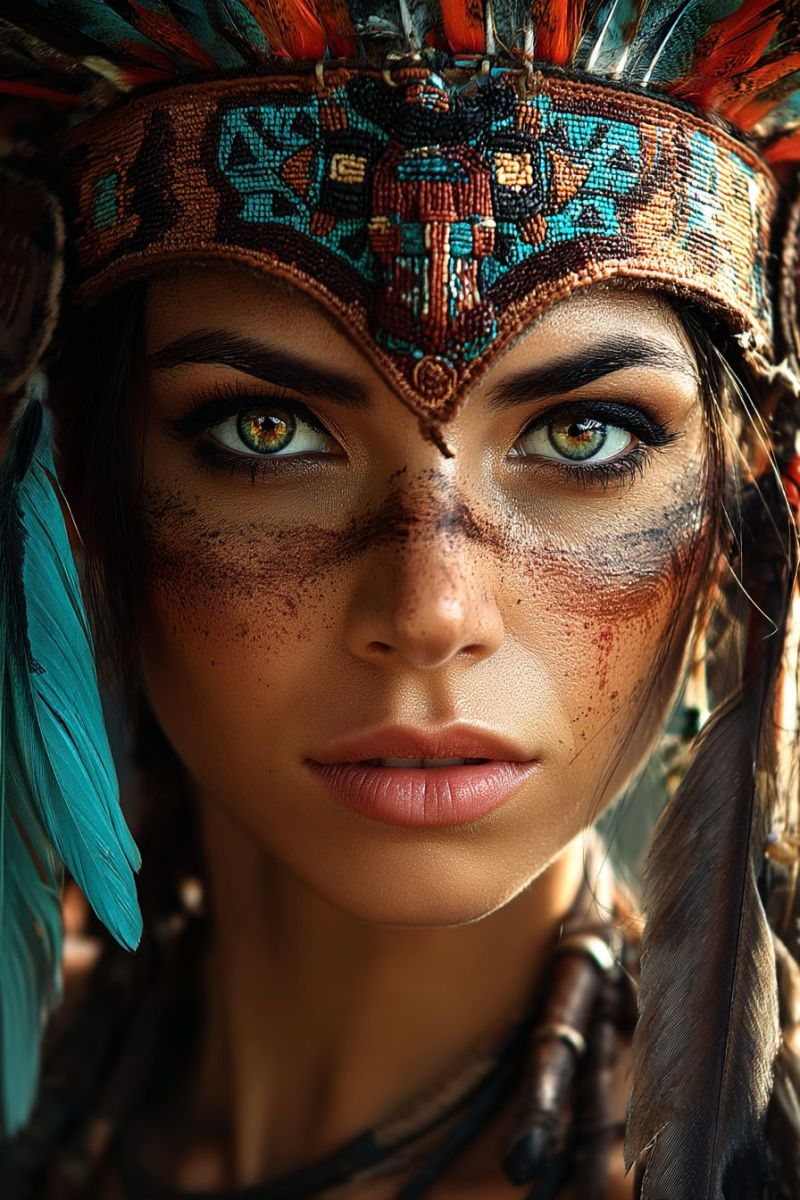 Woman headdress feathers makeup eyebrows lips nose cheeks earrings necklace jewelry tribal indigenous cultural war paint eye native american A close-up portrait of a woman with striking green eyes, her face adorned with intricate war paint. She wears a headdress made of feathers, primarily blue and red, with a beaded band that features a geometric pattern in blue, red, and gold. Her skin has brown and red paint, adding to the warrior-like appearance. The woman's lips are painted pink, and she has a serious expression. The background is blurred, focusing attention on her face and headdress.