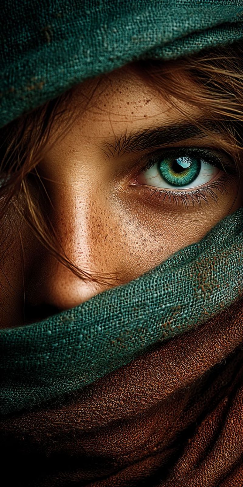 Eye head human look scar skin smile texture textured fabric material surface wall wallpaper A close-up of a woman's face with striking green eyes. Her eyes are the focal point, with long, dark lashes and a hint of a smile. Her skin has a warm, sun-kissed tone with freckles scattered across her cheeks and forehead. She is wearing a green headscarf that partially covers her face, adding a mysterious element to the image. The background is intentionally blurred, focusing attention on her expressive eyes and the intricate details of her face.