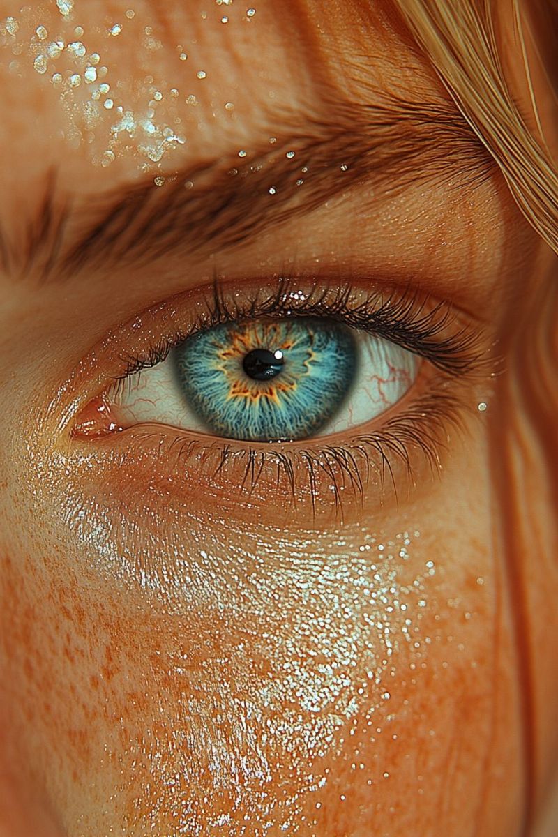 Female glow drop water droplet blue eyes sunlight reflection close-up of an individual's face. The person appears to be looking directly into the camera, and their eyes are visible; one is blue with a noticeable hazel effect around the iris, while the other has a similar but more subdued coloration. There's moisture on the skin, suggesting it might be a dewy or post-exercise situation. The individual seems to have a fair complexion and features that are not clearly distinguishable due to the close framing of the shot. The surrounding area is out of focus, but it appears to be an outdoor setting with natural light illuminating the face.