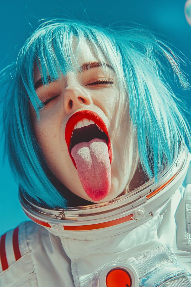 Nasa logo space outfit astronaut costume blue hair tongue sticking out open mouth colorful paint pop culture influence fashion forward gender nonconfo young individual with short hair wearing a vibrant blue wig and space-themed makeup that includes blue eyeshadow. They are making a playful gesture by sticking their tongue out while holding their nose, which is often associated with a 