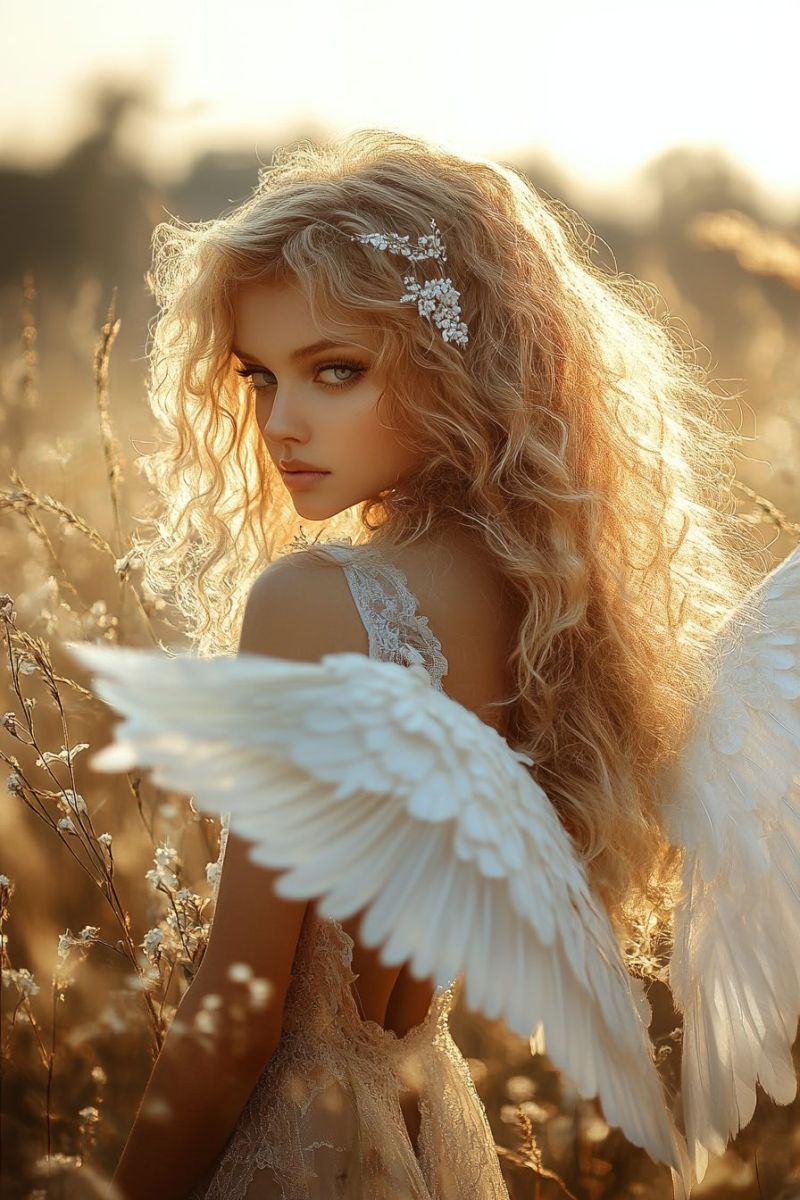 Ange fantasy conte fee ethere beau jeune nature champs ble coucher soleil mannequin ailes drene deguisement cheveux maquillage reve eterne Jeune femme aux cheveux blonds bouclés longs. Elle a une peau claire et porte un robe blanche avec des dessins en plumes qui lui donnent un air de fantasy ou d'ange. Le fond est constitué de champs de blé dorés, ce qui suggère un cadre rural ou paysager, peut-être pendant le coucher ou le lever du soleil, étant donné la lumière douce et les tons chauds. Il n'y a pas de texte présent dans l'image.