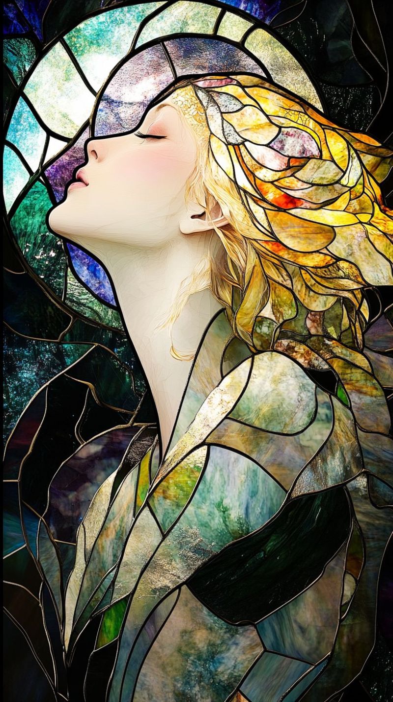 Verre religieux ange femme mosaique maitrise metier fenetre cadre decoration precision beaute celeste architecture culture traditionnelle histoire spi L'oeuvre d'art en verre coloré. Le personnage central, qui ressemble à une femme avec ses yeux fermés et son cheveu soulevé autour de son visage comme s'il était pris par le vent. Sa expression est calme et réfléchie, avec un petit sourire sur ses lèvres. Elle est posée contre un fond sombre avec des taches de lumière qui donnent l'impression des rayons du soleil ou peut-être une aurora. L'art style ressemble à celui des illustrations fantastiques ou des contes de fées, caractérisé par ses motifs détaillés et ses couleurs vives. Il y a des dessins complexes entourant la femme, ce qui suggère un thème de vitrage en verre. L'image possède une texture riche, avec divers nuances de couleur et différentes couches de verre créant profondeur et dimension à l'oeuvre d'art.