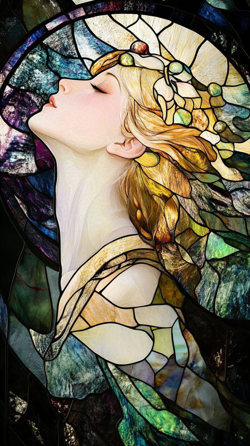 Verre femme ange fantaisie bel decoratif ethereal calme mythique ornement mosaic maitrise divin spirituel paisible celeste muse inspiration L'image représente une oeuvre d'art en verre coloré qui montre un portrait d'une personne avec une apparence éthérée. L'individu a une expression calme et est représenté dans un style qui suggère la motion, comme si on l'examinait dans le lointain en se retournant légèrement la tête. Le palette de couleurs comprend des tons bleus, verts et jaunes, contribuant à un effet somnambulant et autremonde. La figure est posée contre ce qui ressemble à un fond stylisé et détaillé composé de motifs de feuilles ou de formes organiques, indiquant peut-être une connexion avec la nature. Le travail en verre est détaillé, chaque morceau de verre ayant des bords distincts et créant des ombres différentes dans l'oeuvre. Il n'y a aucune texte visible dans l'image, et le rapport des positions relatives du personnage et des éléments de fond suggère une profondeur et une dimensionnalité. L'aspect de l'image évoque un sentiment de fantaisie ou de mythologie, souvent trouvée dans les oeuvres d'art classiques.