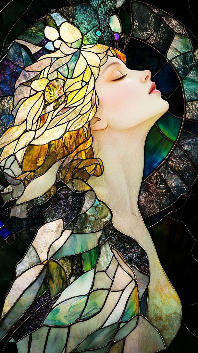 Verre femme fantaisie nature fenetre atelier decoratif colouree creative fabrication mosaiques panneau L'image présente une oeuvre d'art de verre coloré présentant le corps supérieur d'une femme avec les yeux fermés, la tête légèrement tournée vers un côté. Ses cheveux sont dressés dans des ondulations larges et elle semble avoir des traits faciaux délicats. Elle porte ce qui semble être un vêtement ou une bijou qui ressemble aux pétales de fleur. L'expression de la femme transmet un sentiment d'équilibre ou de contemplation. Le fond est sombre avec des nuances de couleur, qui sont probablement les couleurs des panneaux de verre coloré eux-mêmes. On peut voir plusieurs nuances de vert et de bleu autour d'elle, ce qui donne profondeur à l'oeuvre d'art. L'esthétique de l'oeuvre d'art a une qualité fantastique ou éthérée, ce qui pourrait être destiné à évoquer des sentiments de calme ou de mysticisme. La pose de la femme et les couleurs entourantes pourraient suggérer un lien avec la nature ou un domaine au-delà de la réalité. Il n'y a aucune texte visible dans cette image, car le focus est sur l'oeuvre d'art en verre coloré elle-même.