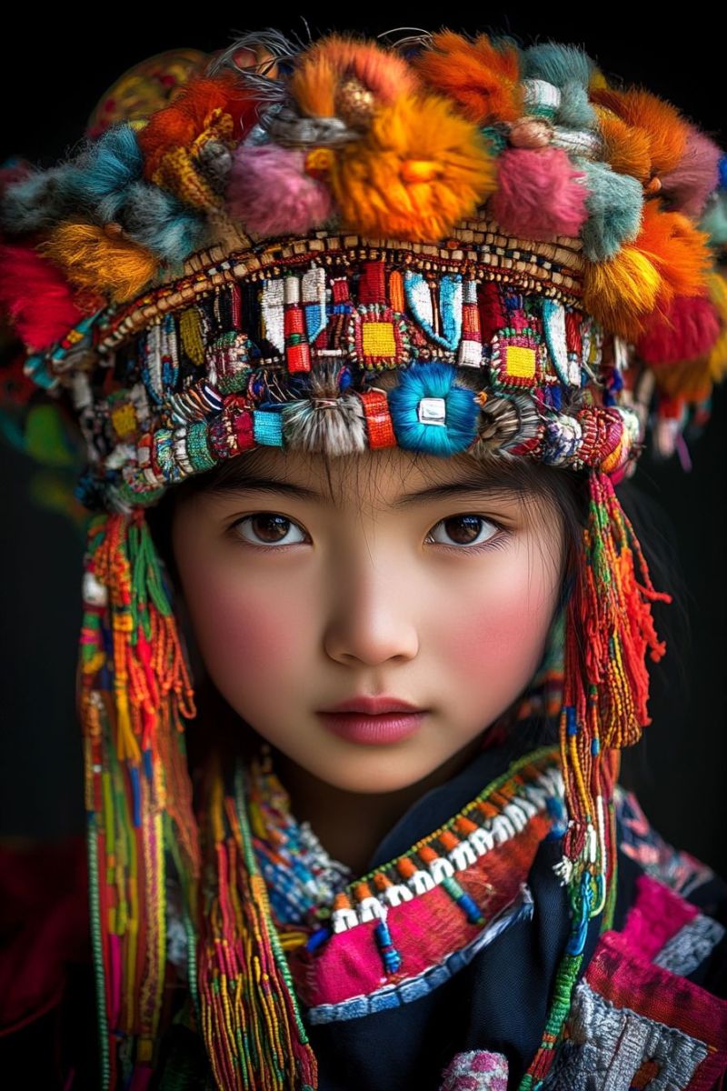 Mode ethnique traditionnels attitude culturelle chef tribu bijoux perles colorees accesories festives enfant vetu costume sud asiat L'image que vous avez partagée représente une personne vêtue d'un costume traditionnel. Elle porte des vêtements ethniques colorés et ornés, caractéristiques de certaines tenues régionales ou culturelles. La personne a l'air décorée de éléments décoratifs tels que des plumes ou des embellissements similaires sur la tête et les épaules. L'individu a un expression calme sur son visage, et il regarde directement dans la caméra, suggérant une connexion avec le spectateur.