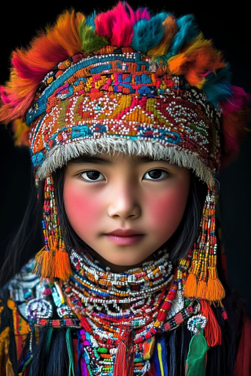 Enfant autochtone traditionnels attitude tribale tete multicolore culturelle ethnique costumes accessoires Jeune personne portant un vêtement traditionnel autochtone. Elle porte une coiffure colorée avec des plumes et des perles, et son visage est peint de marques rouges autour des yeux. L'individu a les cheveux sombres longs et regarde directement la caméra. Sa expression est neutre, et elle porte un collier orné de symboles tribaux. Il y a un motif de dessins sur la coiffure qui ressemble aux motifs couramment trouvés dans les cultures autochtones. Le fond est sans particularité et se concentre sur la personne.