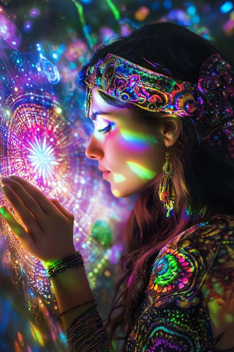 Woman eyes hair ear earrings jewelry necklace bracelet hand fingers reflection colorful pattern fantasy magic A woman with long, wavy hair is wearing a colorful, intricate headdress adorned with beads and feathers. She has a serious expression and is looking to the side. Her face is illuminated by a rainbow-like light, and her hand is raised, possibly holding a glowing object. She is wearing a colorful, patterned dress with a mix of vibrant colors and intricate designs. The background is a mix of colorful lights and patterns, possibly from a light show or a festival.