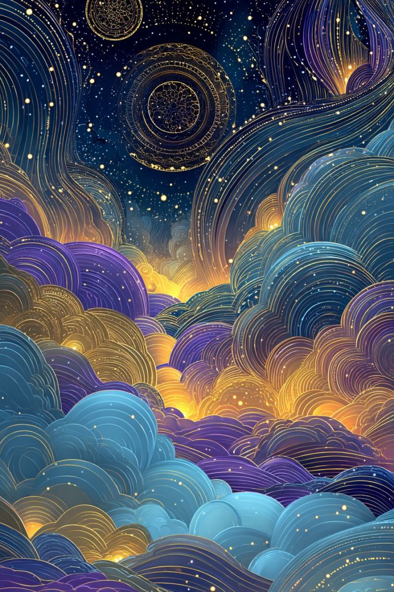 Ciel nuit nuages etoiles univers espace vagues dore violet bleu jaune orange Un ciel de nuit vibrant et dynamique rempli de nuages tourbillonnants aux teintes de bleu, violet et jaune. Les nuages sont finement détaillés, certains semblent superposés et d'autres forment des spirales. Le ciel est parsemé d'étoiles et de petites lumières lumineuses, ajoutant à l'atmosphère céleste. Dans le coin supérieur gauche, il y a un grand design circulaire avec une teinte dorée, représentant peut-être un corps céleste ou un élément mystique. La scène globale est riche en couleurs et en mouvement, créant un sentiment d'émerveillement et de profondeur.