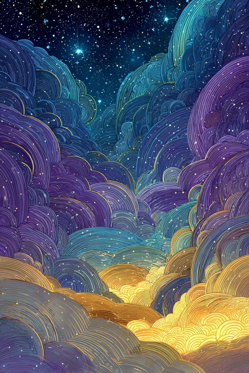 Nuages etoiles fantaisie reveur espace cosmique ethere mystique fantaisiste imagination celeste nuit atmosphere ciel Un ciel nocturne fantastique rempli de nuages tourbillonnants et ondulants dans des teintes de violet, bleu, jaune et or. Les nuages sont finement détaillés, avec des lignes ondulées et fluides qui créent un sentiment de mouvement et de profondeur. Le ciel est d'un bleu profond et sombre, parsemé de nombreuses étoiles et de quelques corps célestes brillants. L'effet global est onirique et éthéré, avec un sentiment d'espace et de merveille infinis.
