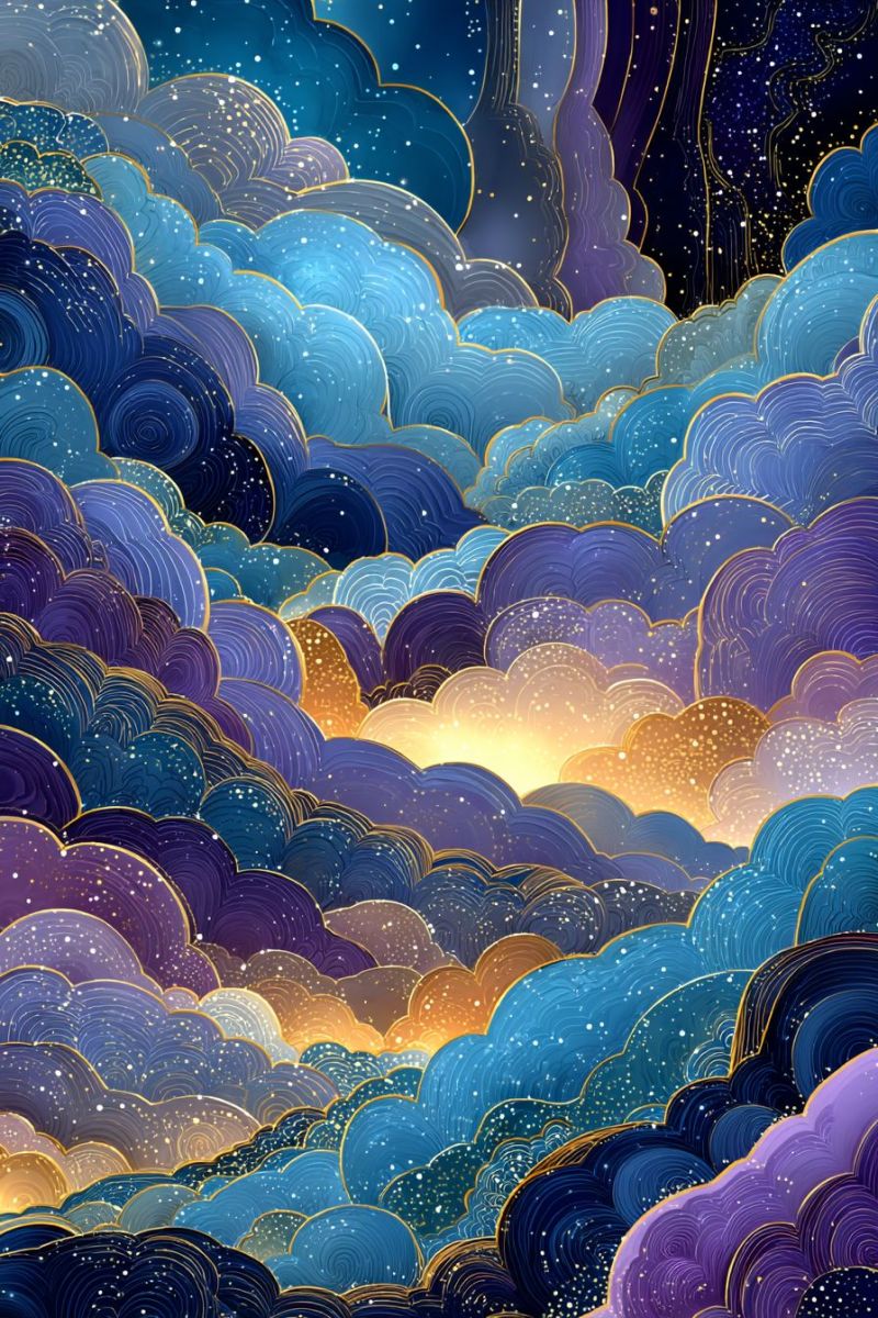 Nuages ciel nuit etoiles fantaisie couches texture dore violet bleu jaune lueur onirique imagination Un ciel vibrant et surréaliste rempli d'une multitude de nuages aux diverses nuances de bleu, violet et or. Les nuages sont finement détaillés, avec des motifs tourbillonnants et des textures délicates qui leur confèrent une apparence douce et éthérée. Certains nuages sont plus sombres, presque noirs, tandis que d'autres sont illuminés d'une chaude lumière dorée, créant un contraste saisissant. Le ciel est parsemé de petites étoiles, ajoutant une touche de beauté céleste. L'effet global est onirique et irréel, comme si l'on contemplait un paysage fantastique depuis un royaume magique lointain.
