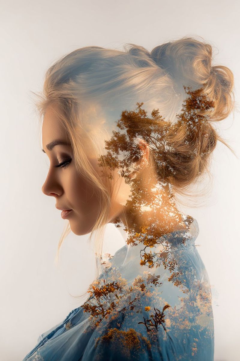 Woman hairstyle beauty fashion A woman with blonde hair styled in a bun gazes to the side with her eyes closed. Her face is partially overlaid with a transparent image of a tree with autumn leaves. The tree image is in shades of brown and yellow, blending seamlessly with her skin tone. She wears a blue dress, and the background is a soft, light-colored gradient. The image has a dreamy, ethereal quality, suggesting a blend of reality and fantasy.