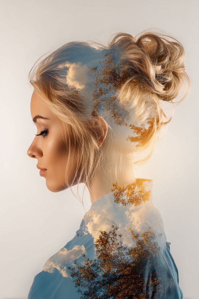 Woman hairstyle beauty fashion makeup eyelashes eyebrows eyeshadow lipstick skincare creative imagination inspiration A woman with blonde hair styled in a bun is looking to the side. Her hair features a double exposure effect, blending her hair with a tree and a sky with clouds. The tree has golden leaves, and the sky is blue with white clouds. She is wearing a blue top, and her face is illuminated by a soft light.