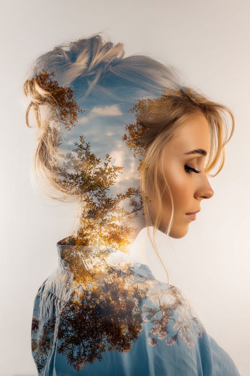 Femme visage coiffure beaute maquillage oeil rouge peau soin cosmetiques Une femme aux cheveux blonds coiffés en chignon regarde de côté les yeux fermés. Ses cheveux sont superposés à un arbre, créant un effet surréaliste. L'arbre est dans des tons de brun et de vert, avec quelques feuilles apparaissant dorées. Le fond est d'une couleur douce et claire, peut-être blanche ou gris clair, rehaussant la qualité surréaliste et rêveuse de l'image.