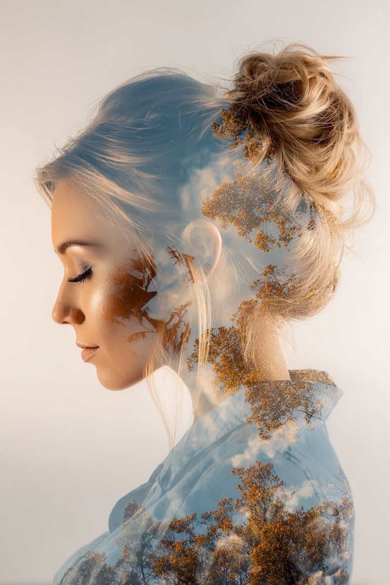Femme visage yeux coiffure coupe beaute maquillage peau Une femme aux cheveux blonds coiffés en chignon regarde de côté les yeux fermés. Son visage est partiellement superposé à une image floue d'arbres d'automne, leurs feuilles aux teintes orange et jaune. Le fond est d'un bleu clair et doux, et l'effet global est surréaliste et artistique.